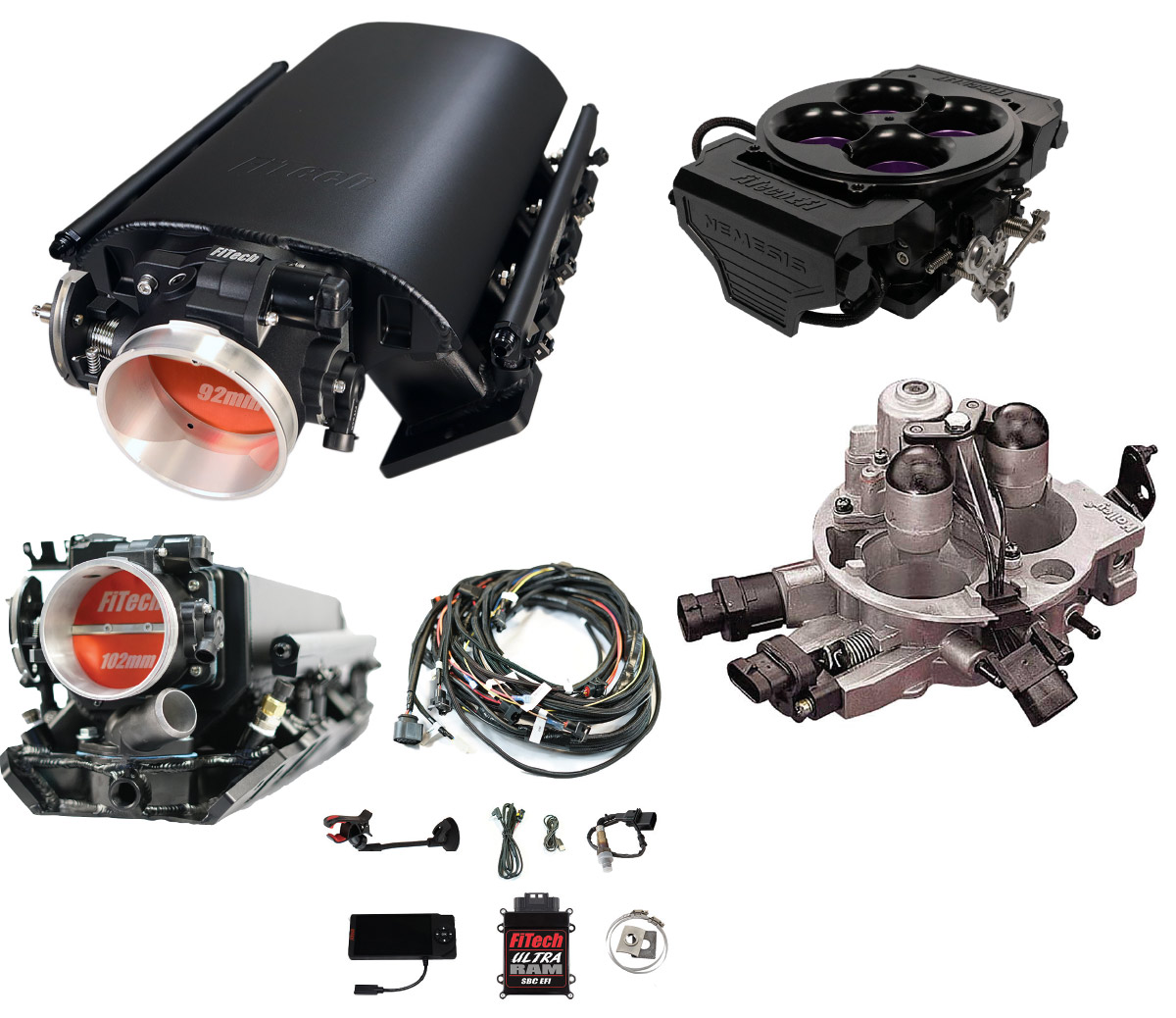A collection of electronic fuel injection systems, intake manifolds, and wiring harnesses.