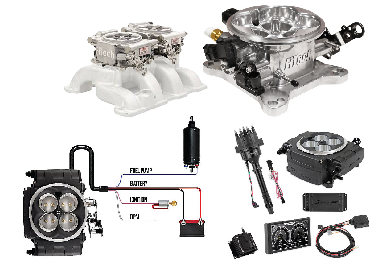 A collage of aftermarket fuel injection systems, electronic components, and wiring diagrams.