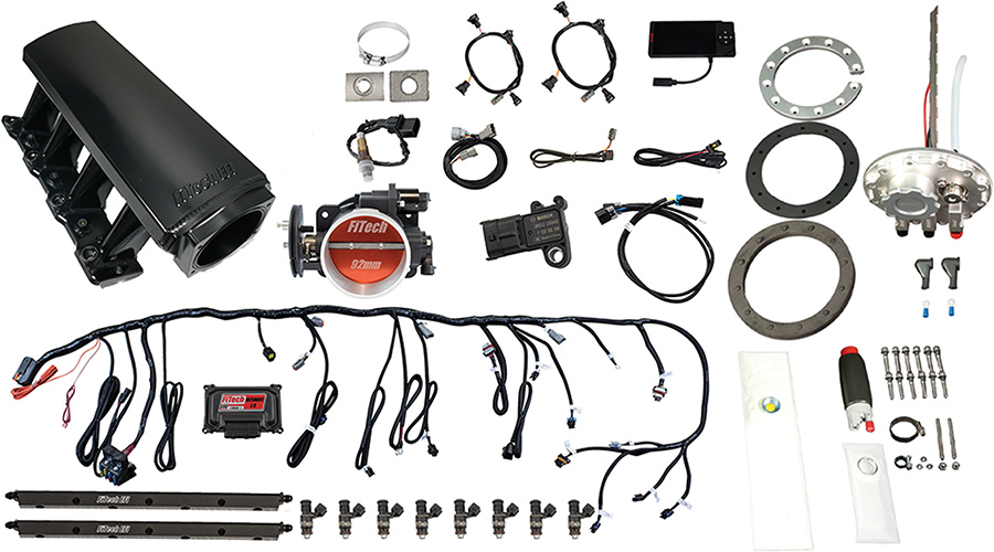 Complete FiTech multi-port EFI system components and wiring.