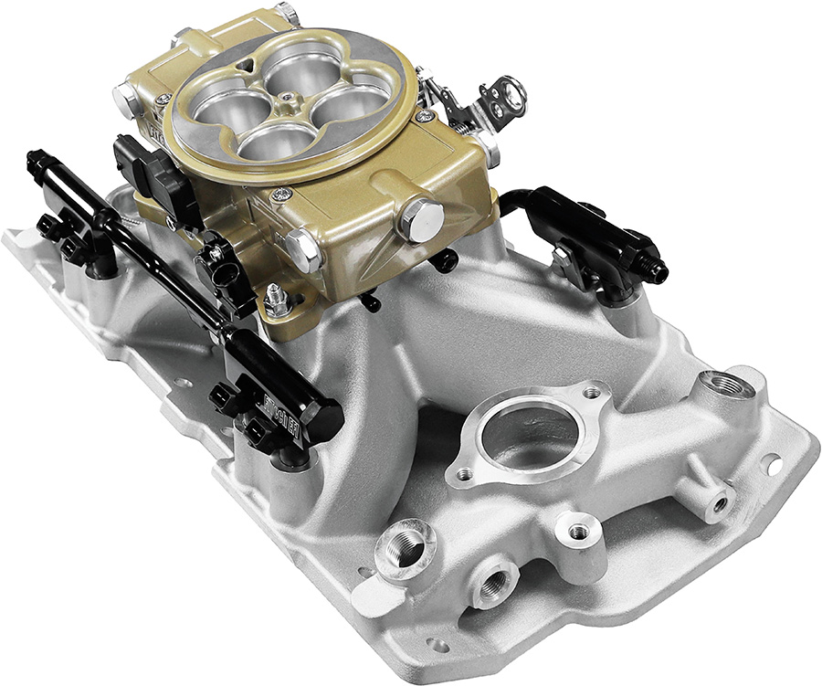Gold-finished TBI unit on a dual-plane intake manifold.